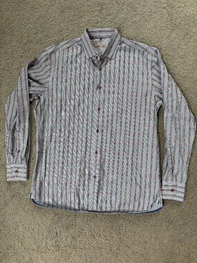 Luchiano Visconti Black Multi Color Striped Button Up Shirt Mens Large L Cotton